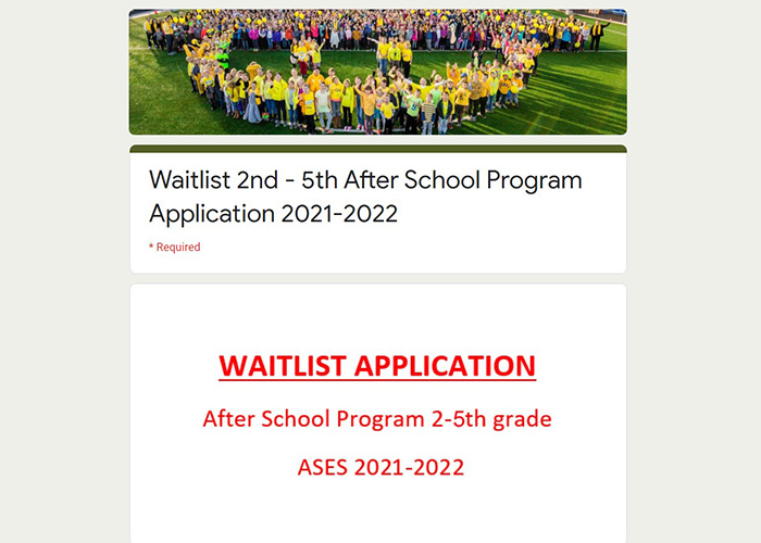 2nd - 5th After School Program Application 2021-2022