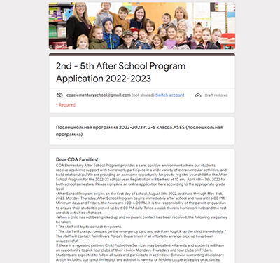 2nd - 5th After School Program Application 2022-2023