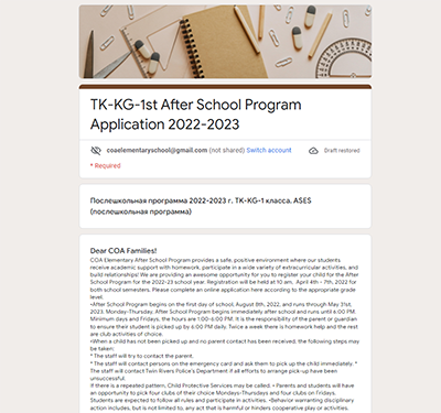  TK-KG-1st After School Program Application 2022-2023